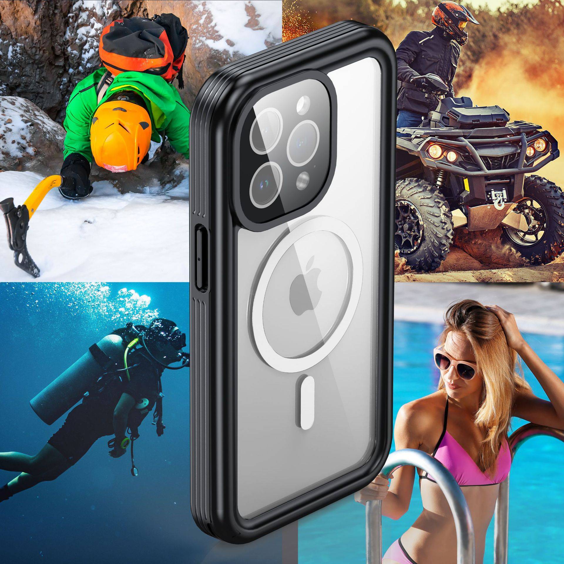 Schwarze robuste Smartphone-Schutzhülle mit einem Apple MagSafe-Ring, umgeben von Actionszenen mit Skifahren, ATV-Fahren, Tauchen und Schwimmen, was umfassenden Schutz für alle Gelände andeutet.