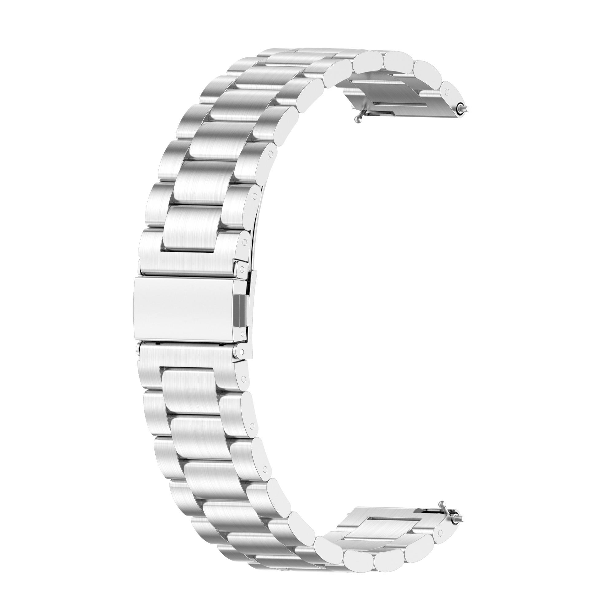 Silbernes Metall-Uhrenarmband mit Verschluss, isoliert auf weißem Hintergrund in einer gebogenen C-Form dargestellt.