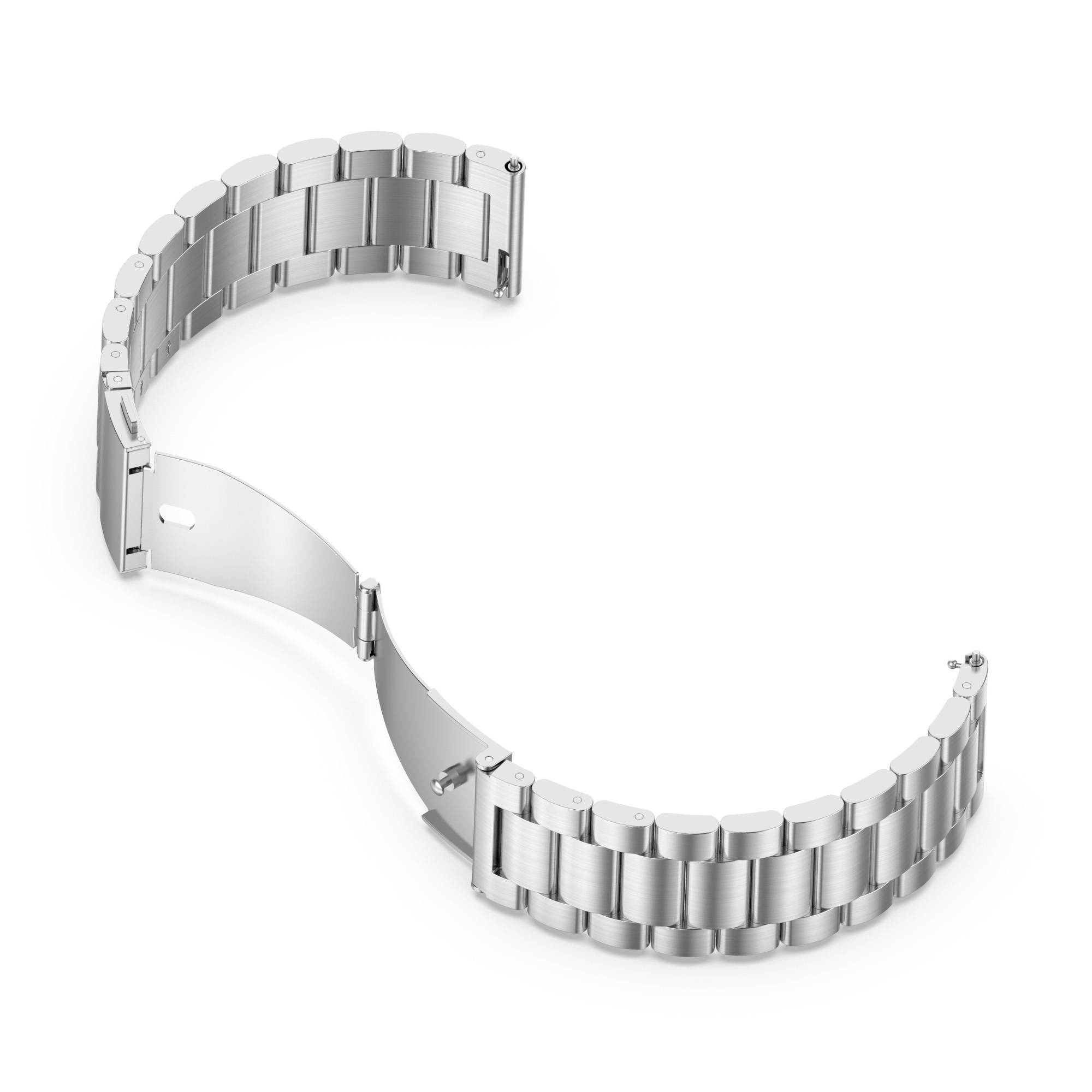 Silberne Metallarmbanduhr mit Faltschließe, offen auf weißem Hintergrund dargestellt.