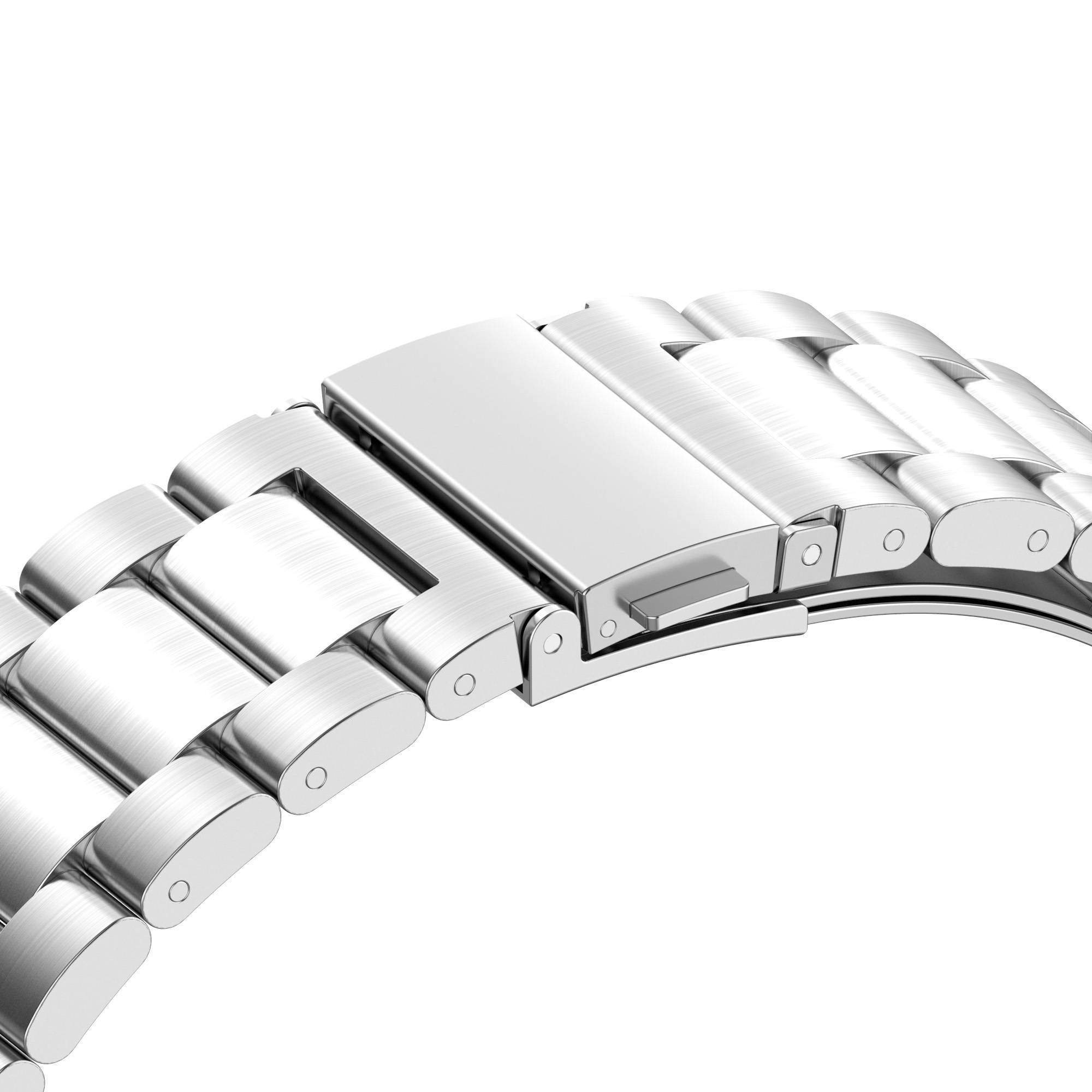 Nahaufnahme eines silbernen Metalluhrenarmbands mit einem Faltschließe, gebogen vor einem weißen Hintergrund dargestellt.