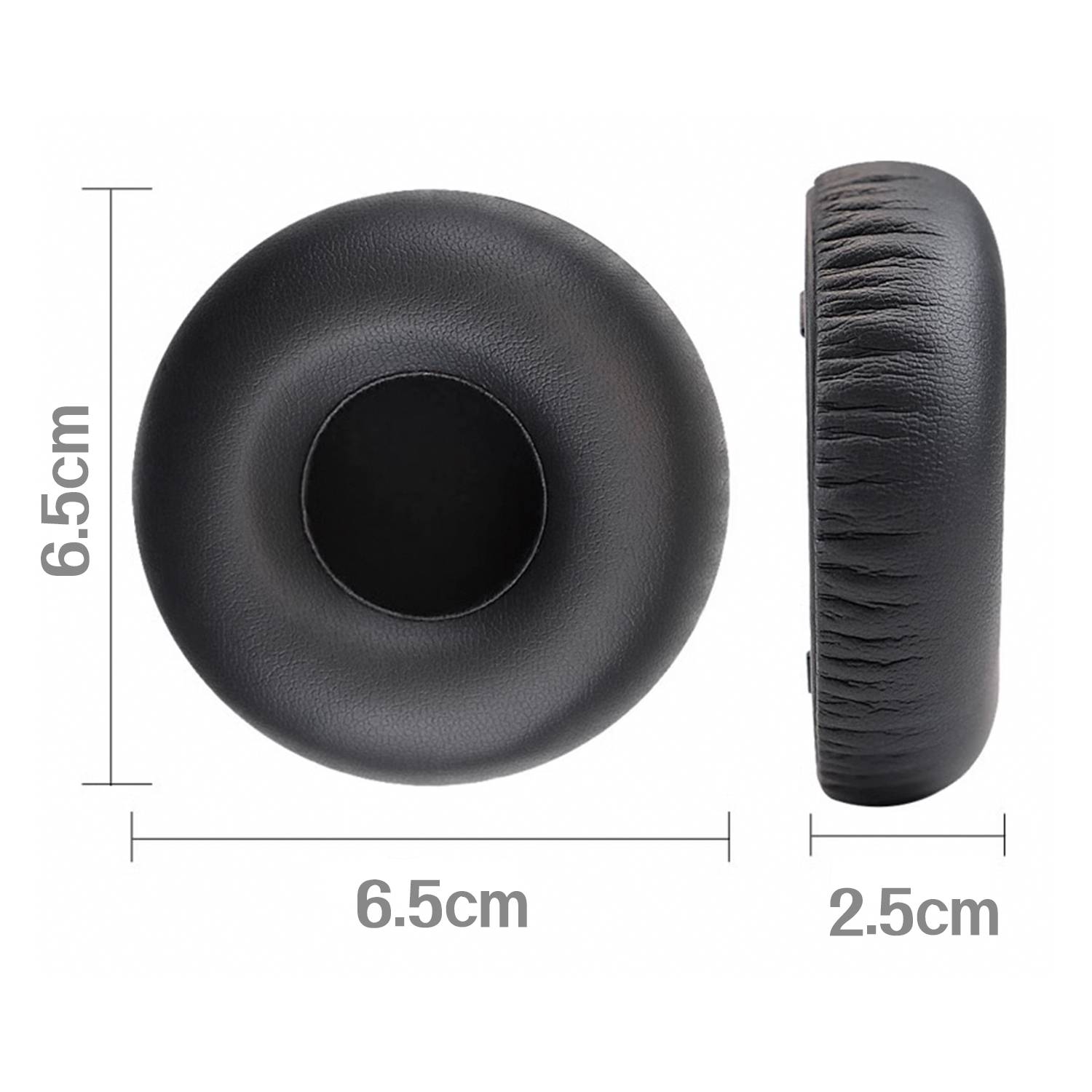 Schwarzes rundes Ohrkissen in Vorder- und Seitenansicht dargestellt, mit Beschriftung 6,5 cm breit und 2,5 cm dick