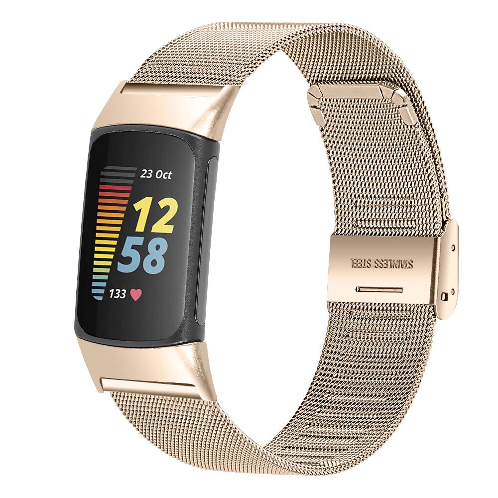 Goldene Mesh-Fitness-Smartwatch mit gekrümmtem Farbdisplay, auf dem die Uhrzeit 12:58, das Datum 23. Okt und die Herzfrequenz 133 angezeigt werden