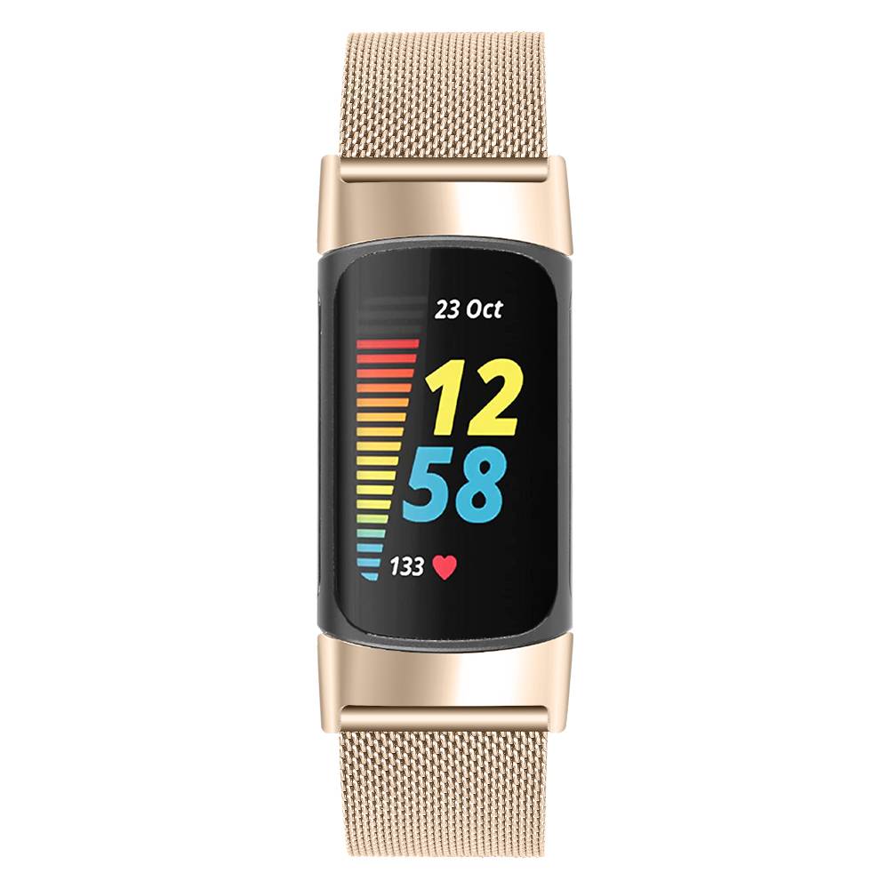 Smartwatch mit goldenem Mesh-Armband, das ein digitales Zifferblatt zeigt, Datum '23. Okt', Uhrzeit 12:58, eine farbige Aktivitätsleiste und Herzfrequenz 133.