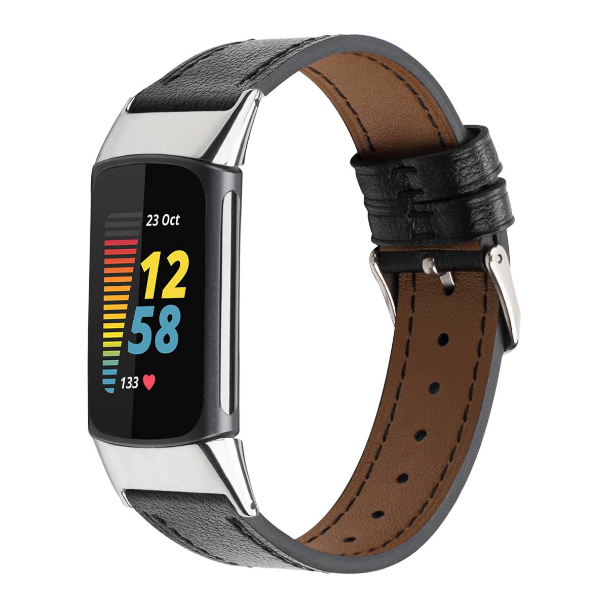 Breite 18mm Leder Armband Kompatibel mit Fitbit Charge5 für Damen Männer Schwarz