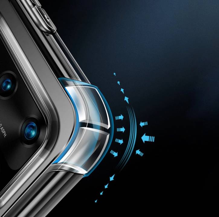 Nahaufnahme einer Smartphone-Kante mit einer abgerundeten Ecke und blauen Pfeilen, die drahtlose Signale oder Luftstrom um das Gerät herum anzeigen.