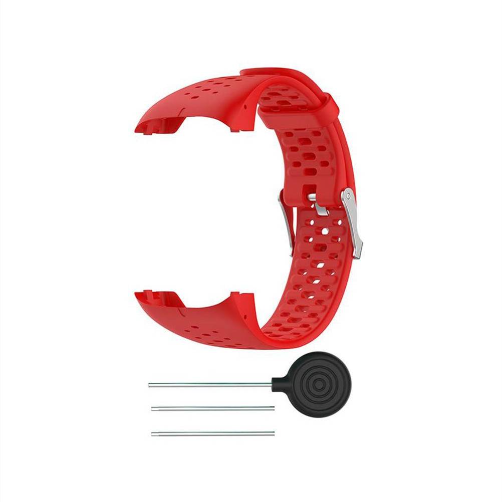 Rotes Uhrenarmband mit perforiertem Riemen und silberner Schließe, gezeigt mit drei zusätzlichen Federstegen und einem kleinen Werkzeug auf weißem Hintergrund.