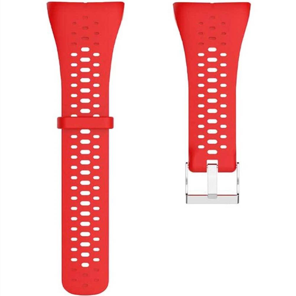 Rotes perforiertes Silikon-Uhrenband von vorne und hinten dargestellt, mit metallischer Schließenschnalle auf weißem Hintergrund.
