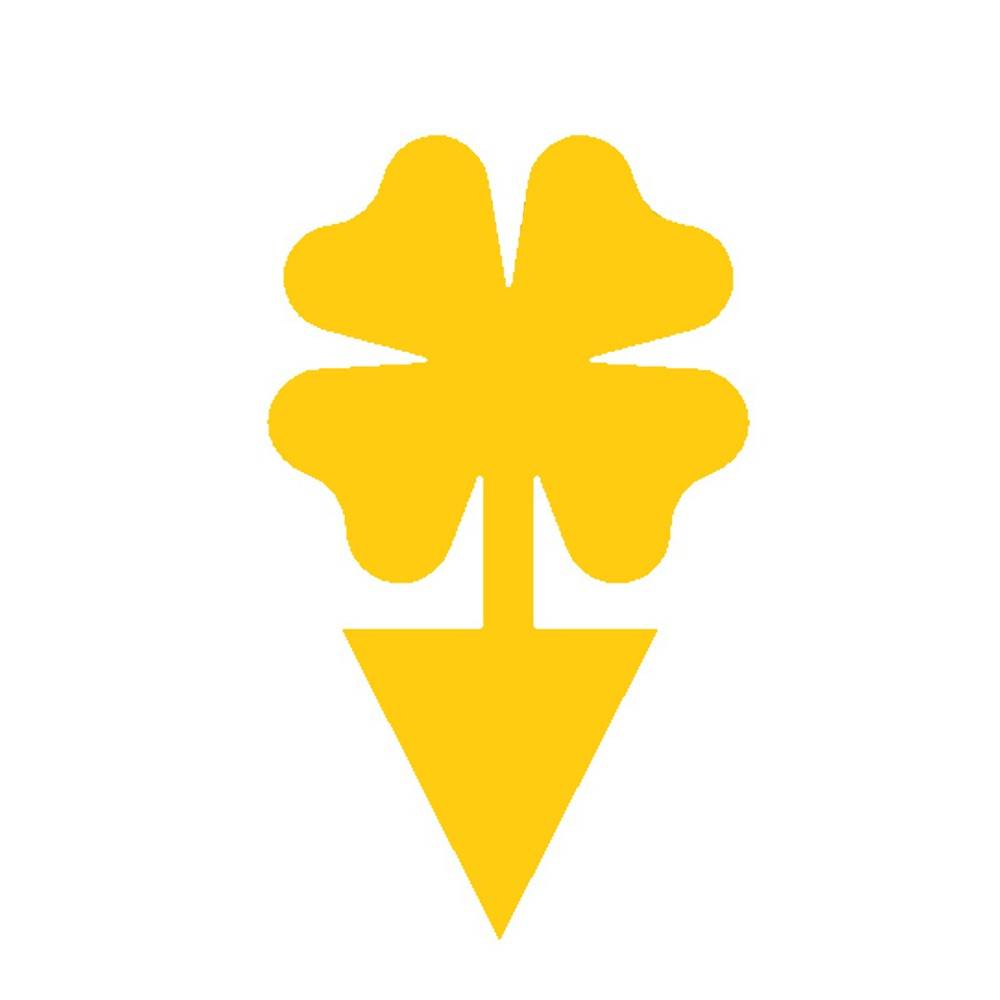 Gelbes Vierblatt-Kleeblatt-Symbol mit einem nach unten zeigenden Pfeil darunter auf weißem Hintergrund.