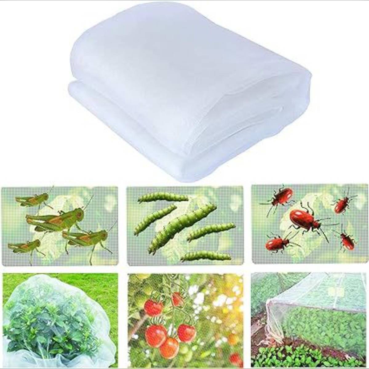Weißes insektensicheres Gartennetz, dargestellt mit Beispielen zum Schutz von Feldfrüchten vor Heuschrecken, Raupen, Käfern, Vögeln und Schädlingen über Pflanzen und Obstbäumen.