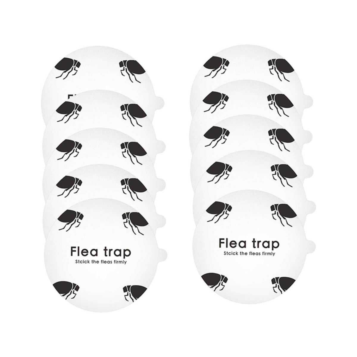 Zwei weiße ovale Flohfallen mit schwarzen Flohsymbolen bedruckt und dem Text „Flohfalle