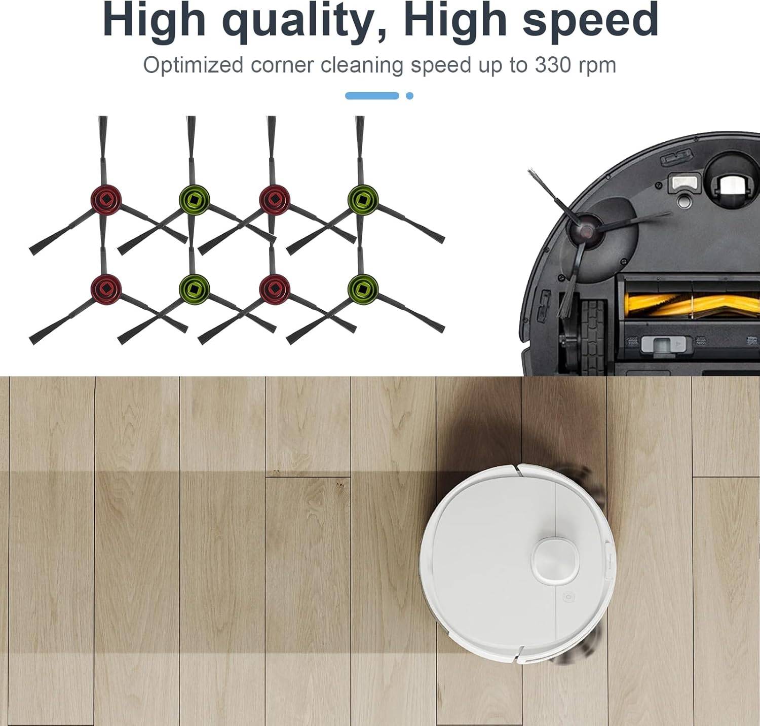 Werbegrafik für einen Roboterstaubsauger mit den Merkmalen „Hohe Qualität, hohe Geschwindigkeit", optimierte Eckenreinigung bis zu 330 U/min, mit Seitenbürsten und dem Staubsauger, der einen Holzboden reinigt.