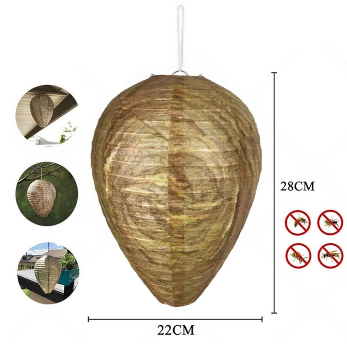 Tropfenförmige braune Hängeleuchte, gezeigt mit Größenangaben 28 cm Höhe und 22 cm Breite, plus drei kleine Nutzungsfotos und Keine-Insekten-Symbole.