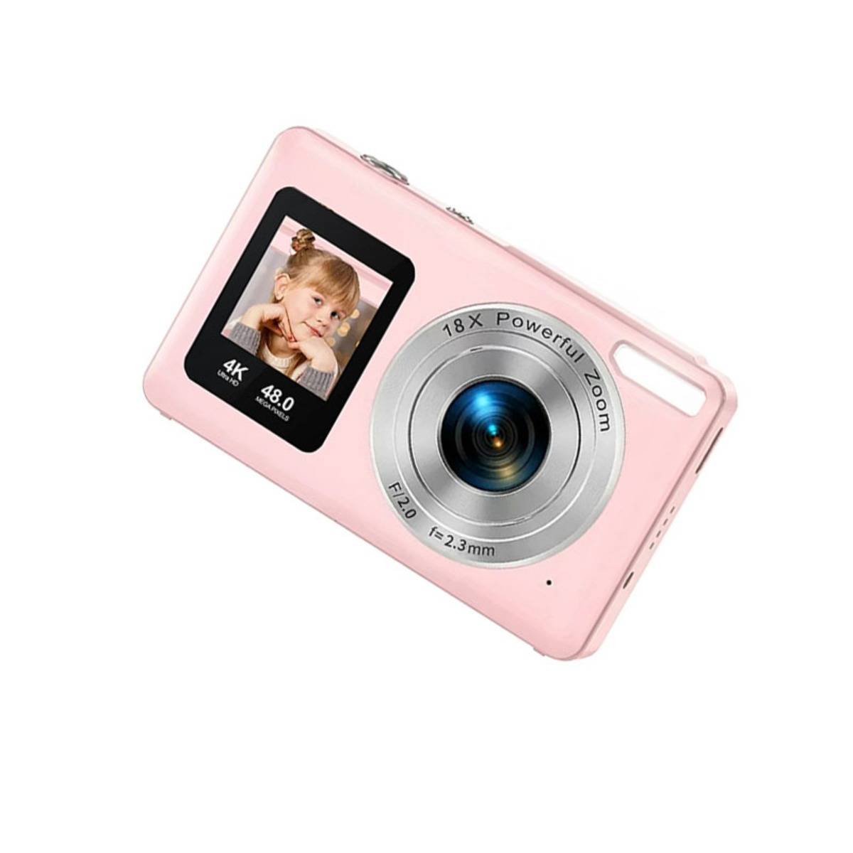 Rosa kompakte Digitalkamera mit großem Objektiv und kleinem Display, auf dem ein Kinderporträt angezeigt wird; gekennzeichnet mit 18X Zoom, 48,0 MP und 4K.