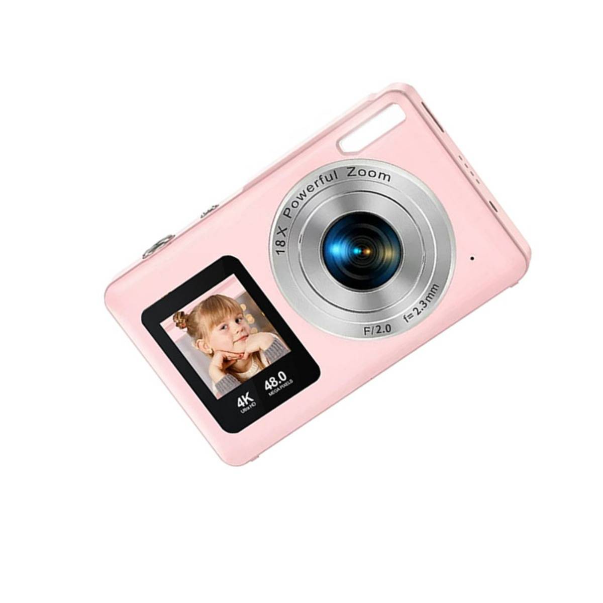 Rosa kompakte Digitalkamera mit großem Objektiv mit der Aufschrift „18X Powerful Zoom