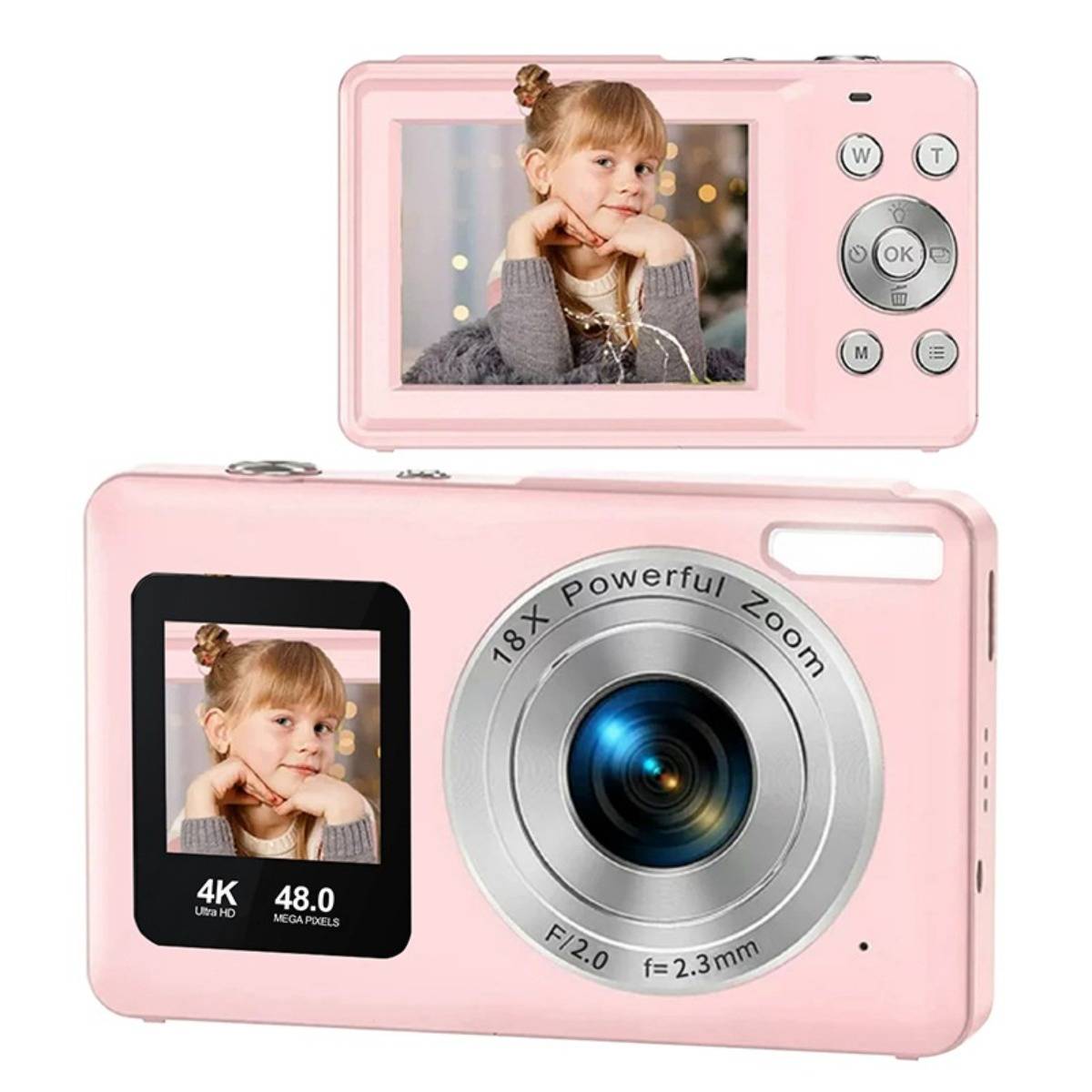 Rosa digitale Kamera von vorne und hinten gezeigt, mit einem Foto eines Mädchens auf den Bildschirmen und Bezeichnungen „4K Ultra HD