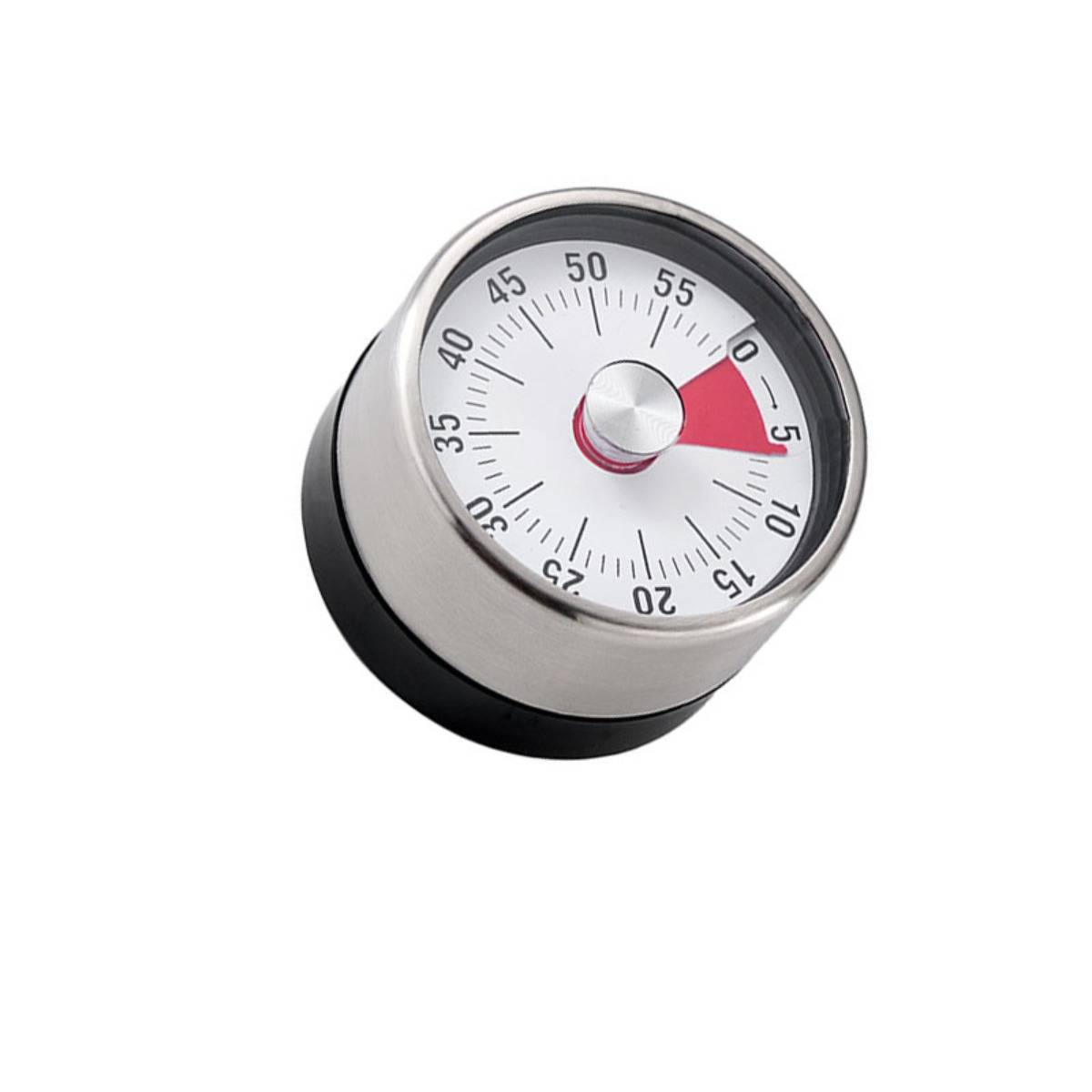 Nahaufnahme eines runden analogen Timer-Zifferblatts mit einem roten Zeiger, der kurz vor 5 Minuten eingestellt ist.