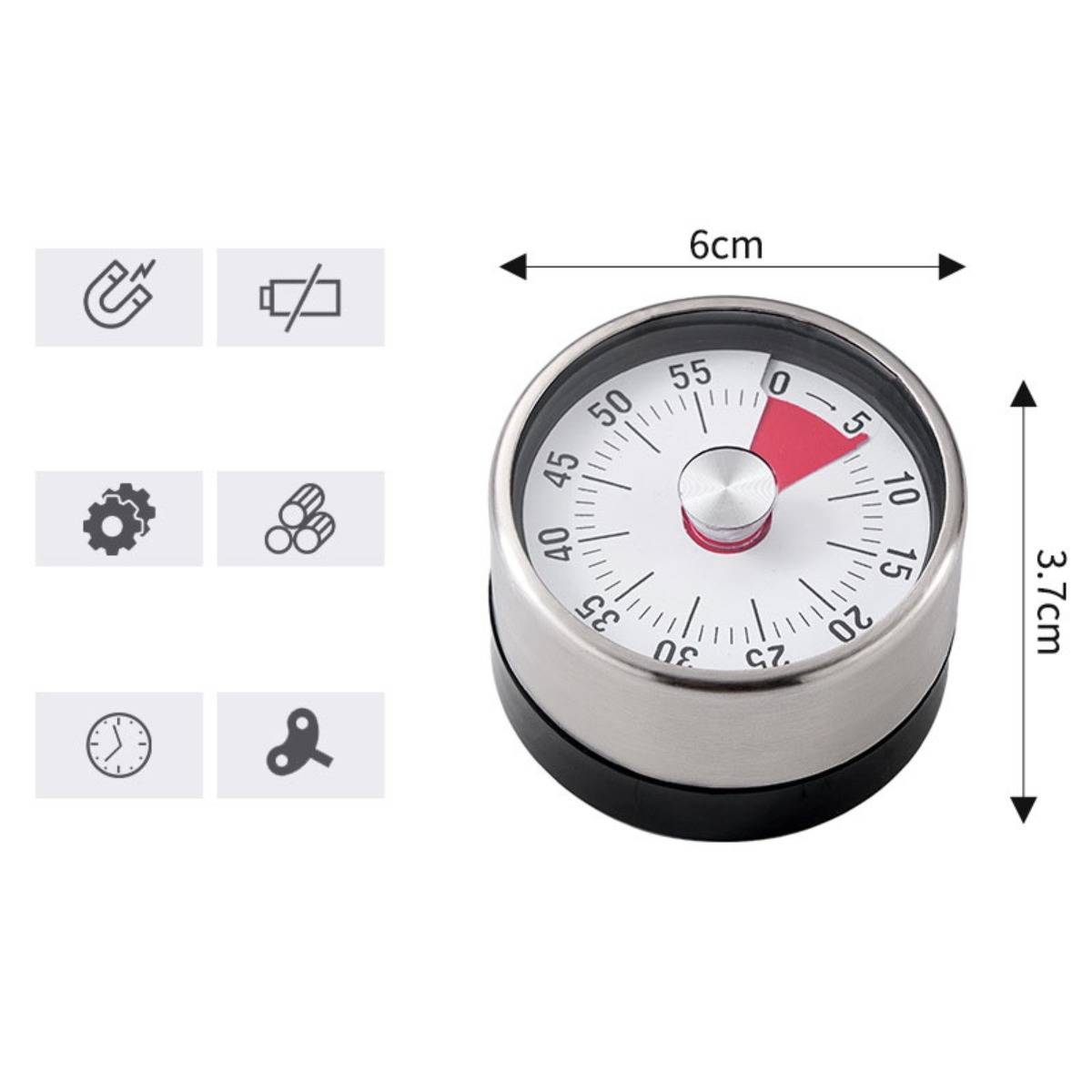 Runder metallischer Küchentimer mit rotem Zeiger, dargestellt mit Abmessungen von 6 cm Breite und 3,7 cm Höhe sowie kleine Funktionssymbole auf der linken Seite.