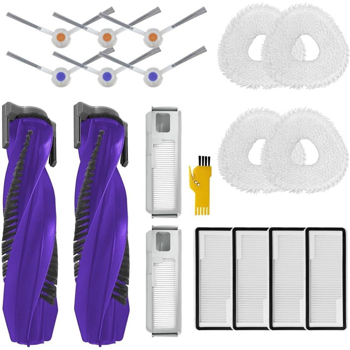 Roboterstaubsauger-Zubehörset mit zwei violetten Bürstenwalzen, sechs Seitenbürsten, zwei Filtern, vier Wischtüchern, zwei Bürstenschutzkappen und einem Reinigungswerkzeug.