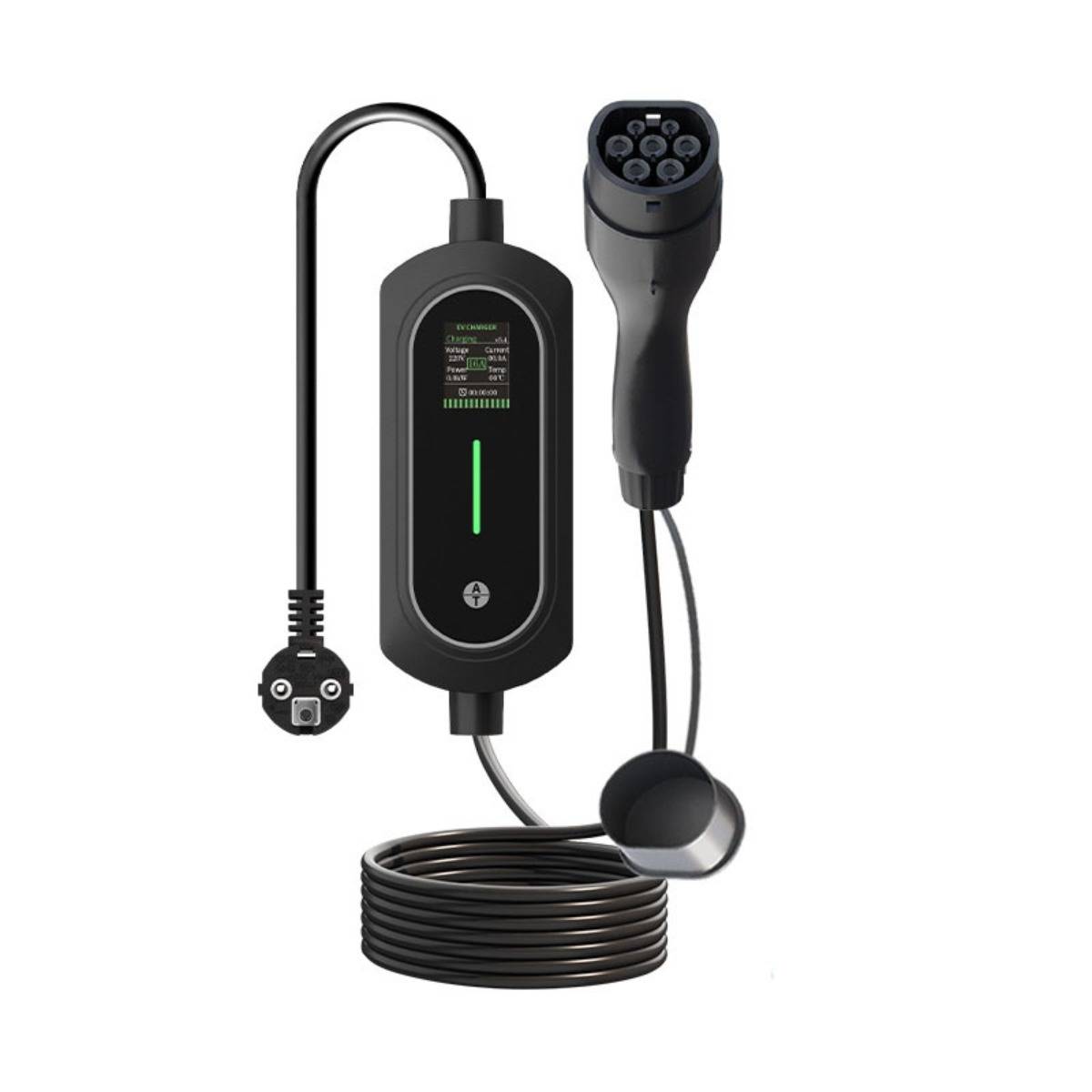 Tragbares EV-Ladekabel mit Steuerbox, Steckverbinder und gewickeltem Kabel auf weißem Hintergrund.