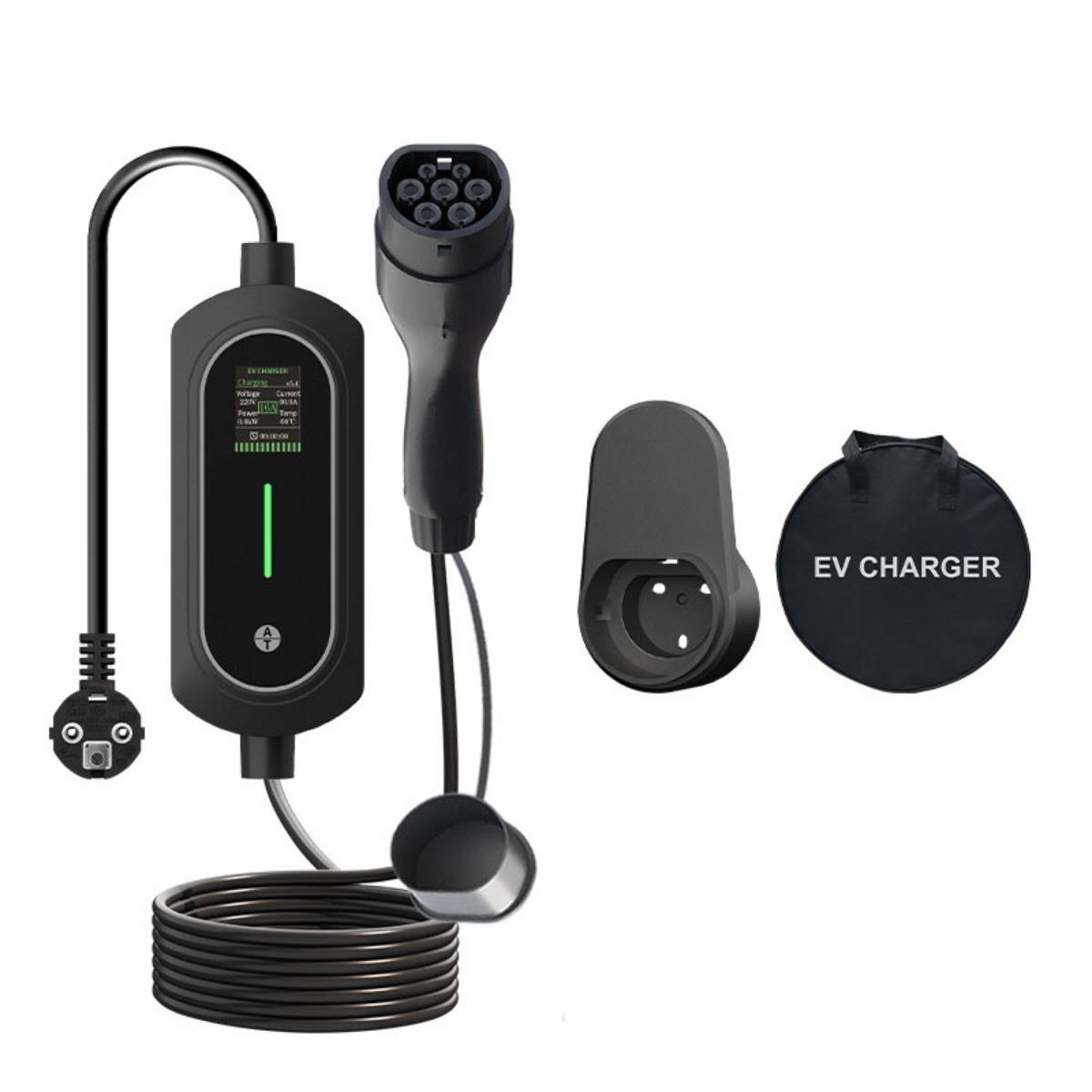 Tragbares Elektrofahrzeug-Ladegerät-Set mit Steuerbox, Ladestecker, Wandhalterung und Tragetasche mit der Bezeichnung „EV-LADEGERÄT