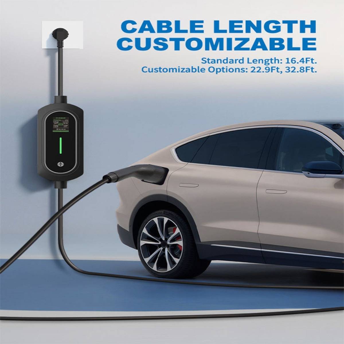 Elektrische Ladestation für Fahrzeuge, die mit einem Auto verbunden ist, mit Text, der besagt „KABELLÄNGE ANPASSBAR