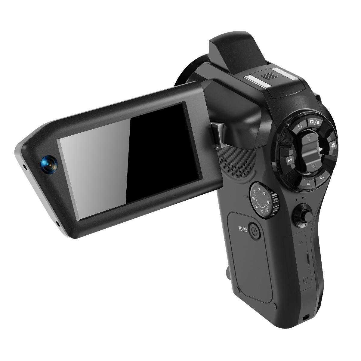 Schwarzer tragbarer Camcorder mit ausklappbarem LCD-Bildschirm, vor weißem Hintergrund gezeigt.