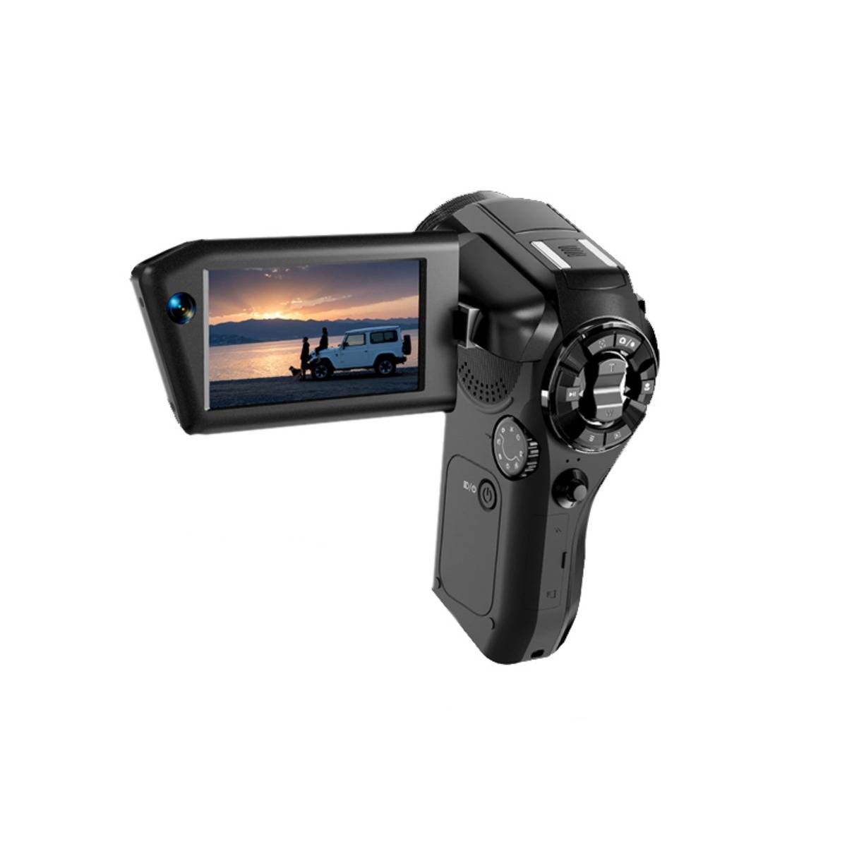 Schwarze tragbare Videokamera mit ausklappbarem LCD-Display, das eine Sonnenuntergang-Strandszene mit Personen und einem Fahrzeug zeigt.