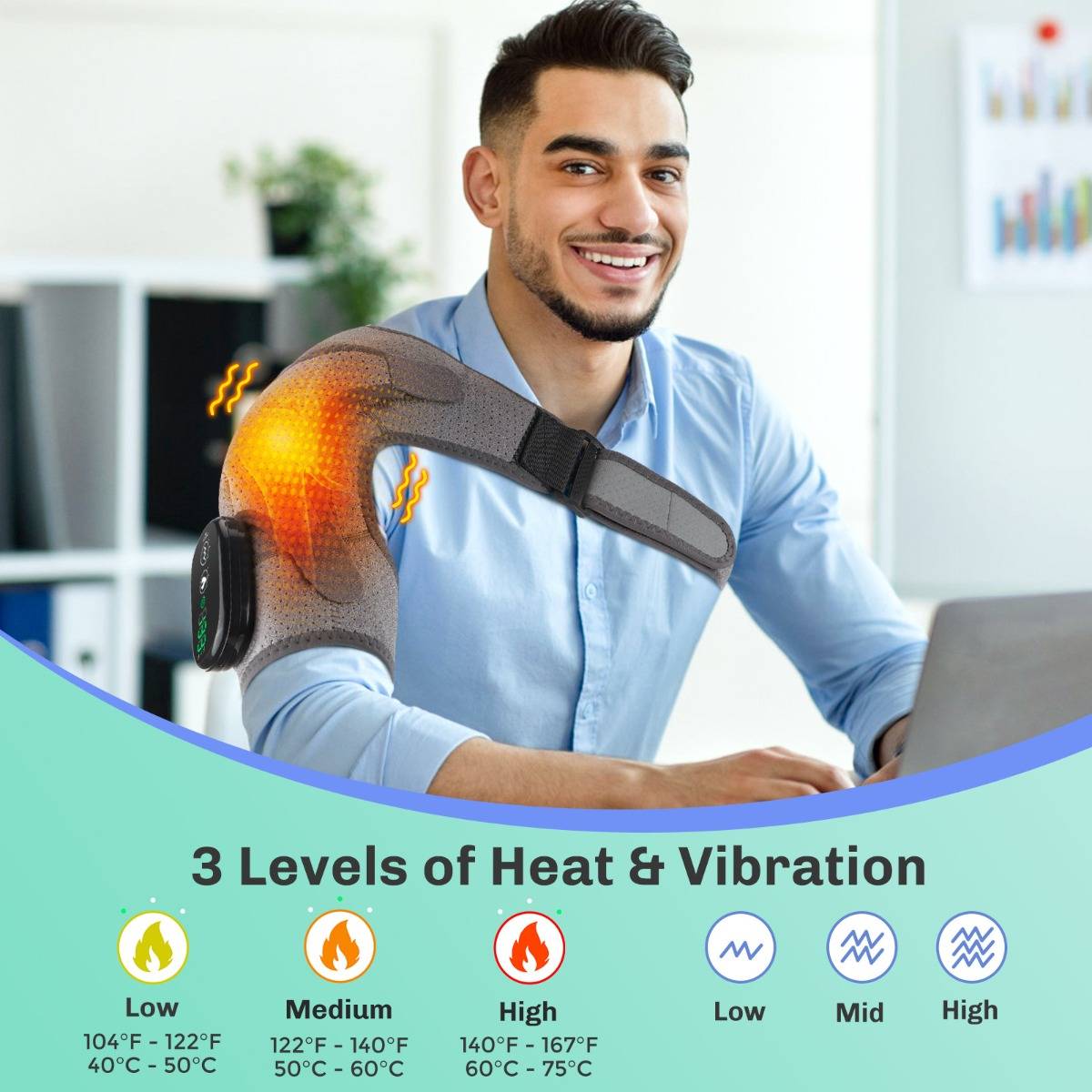 Mann trägt eine beheizte Vibrations-Schulterstütze am Laptop; Grafik zeigt „3 Stufen von Wärme und Vibration