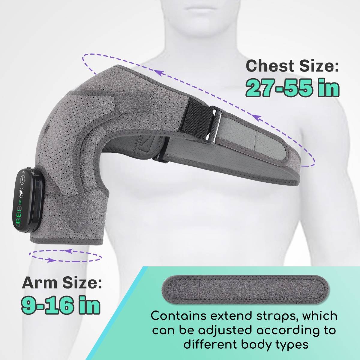 Verstellbare graue Schulterstütze mit Armmanschette und Brustgurt; Text zeigt Brustumfang 27-55 Zoll, Armgröße 9-16 Zoll und verstellbare Verlängerungsgurte.
