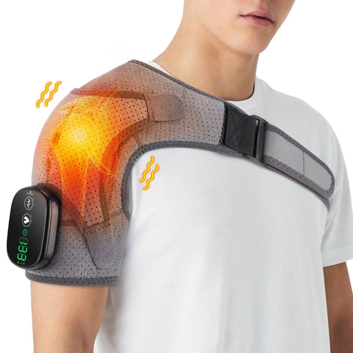 Person trägt eine beheizte Schulterbandage mit einer Kontrolleinheit, dargestellt mit orange glühenden Bereichen über der linken Schulter und dem Oberarm.