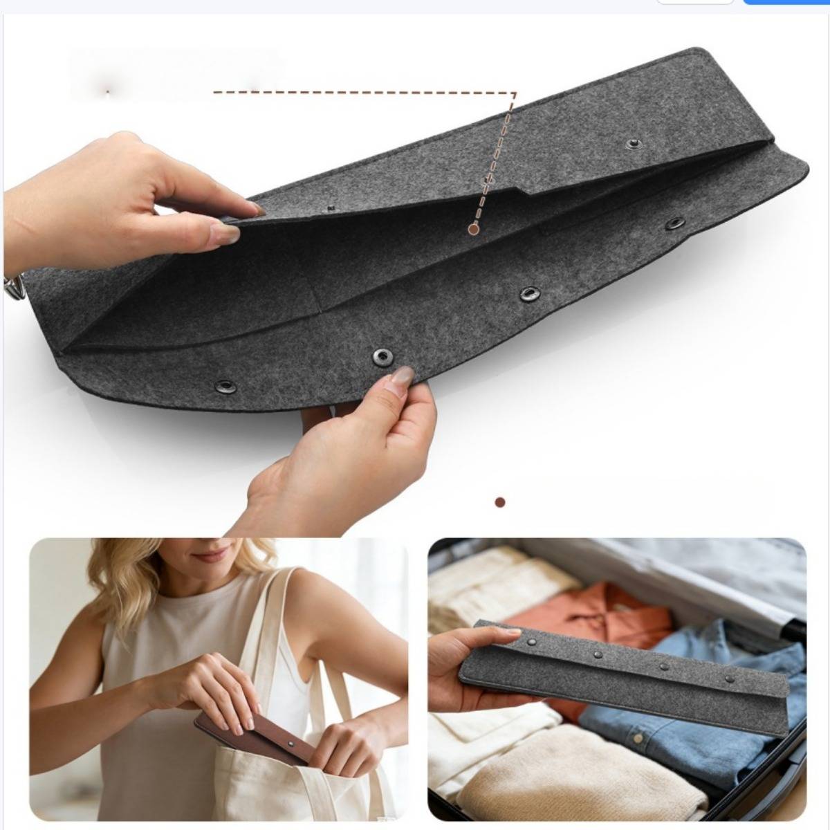 Zusammenklappbare Filzorganizer-Einsatz mit Druckknöpfen, der von Händen geöffnet wird und als schlanker Teiler in einer Tasche und einem Koffer verwendet wird.