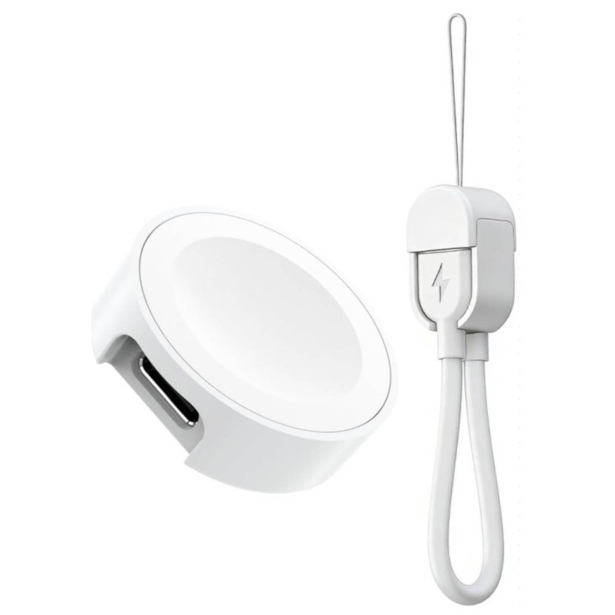 Weiße magnetische Ladebasis und passender Schleifenkabelstecker auf einfachem Hintergrund gezeigt.