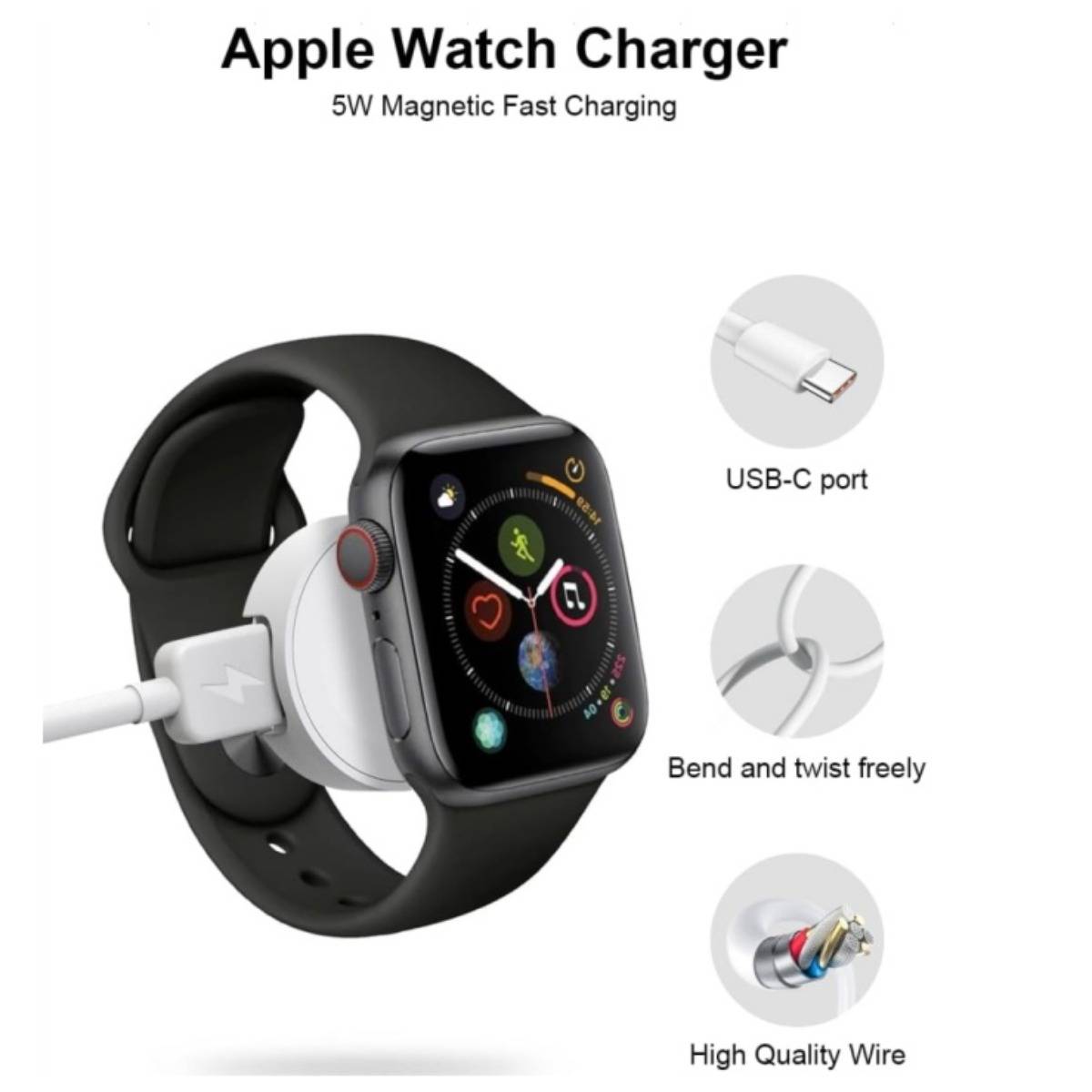 Apple Watch Ladegerät mit magnetischem Schnellladestecker und USB-C-Anschluss; Hinweise deuten auf biegbaren Draht und hochwertiges Kabel hin.