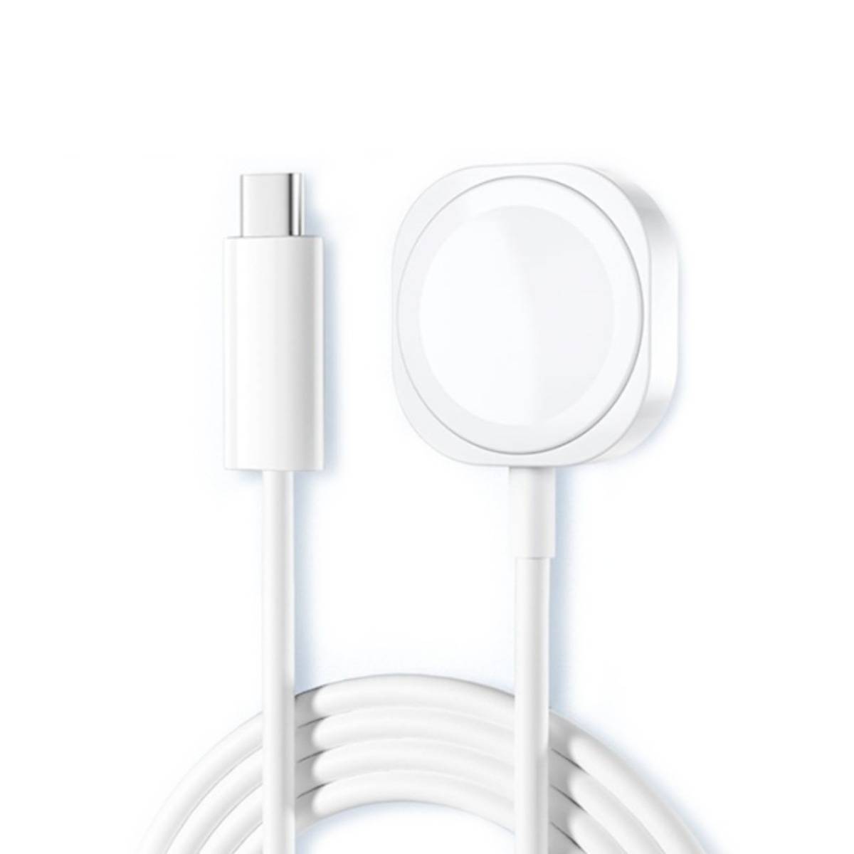 Weißes USB-C-Ladekabel mit quadratischer kabellosen Ladeschale und aufgerolltem Kabel auf einfachem weißem Hintergrund.