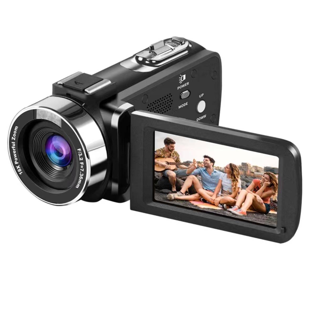 Schwarzer tragbarer Camcorder mit ausklappbarem LCD-Bildschirm, der Freunde zeigt, die sich auf einer Picknickdecke im Freien entspannen.