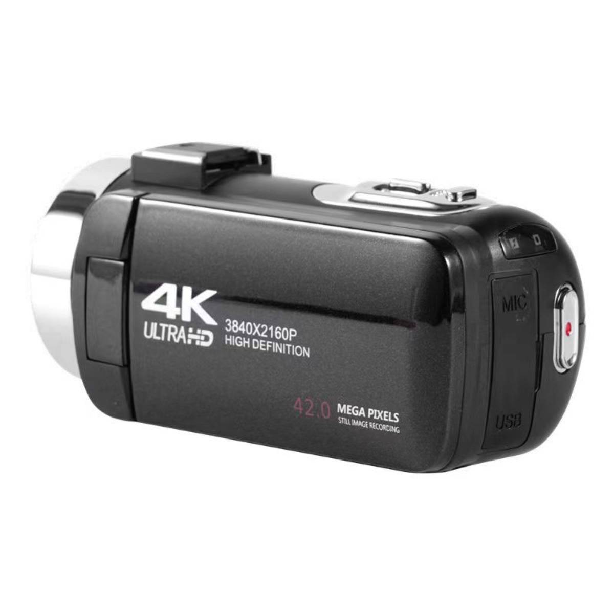 Schwarze 4K Ultra HD Camcorder in Seitenansicht, beschriftet mit „3840x2160P