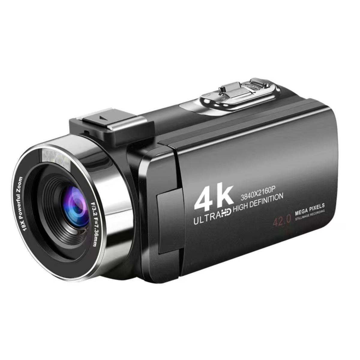 Schwarzer 4K Ultra HD Camcorder mit großem Objektiv, beschriftet mit 3840x2160P und 42,0 Megapixeln, auf weißem Hintergrund dargestellt.