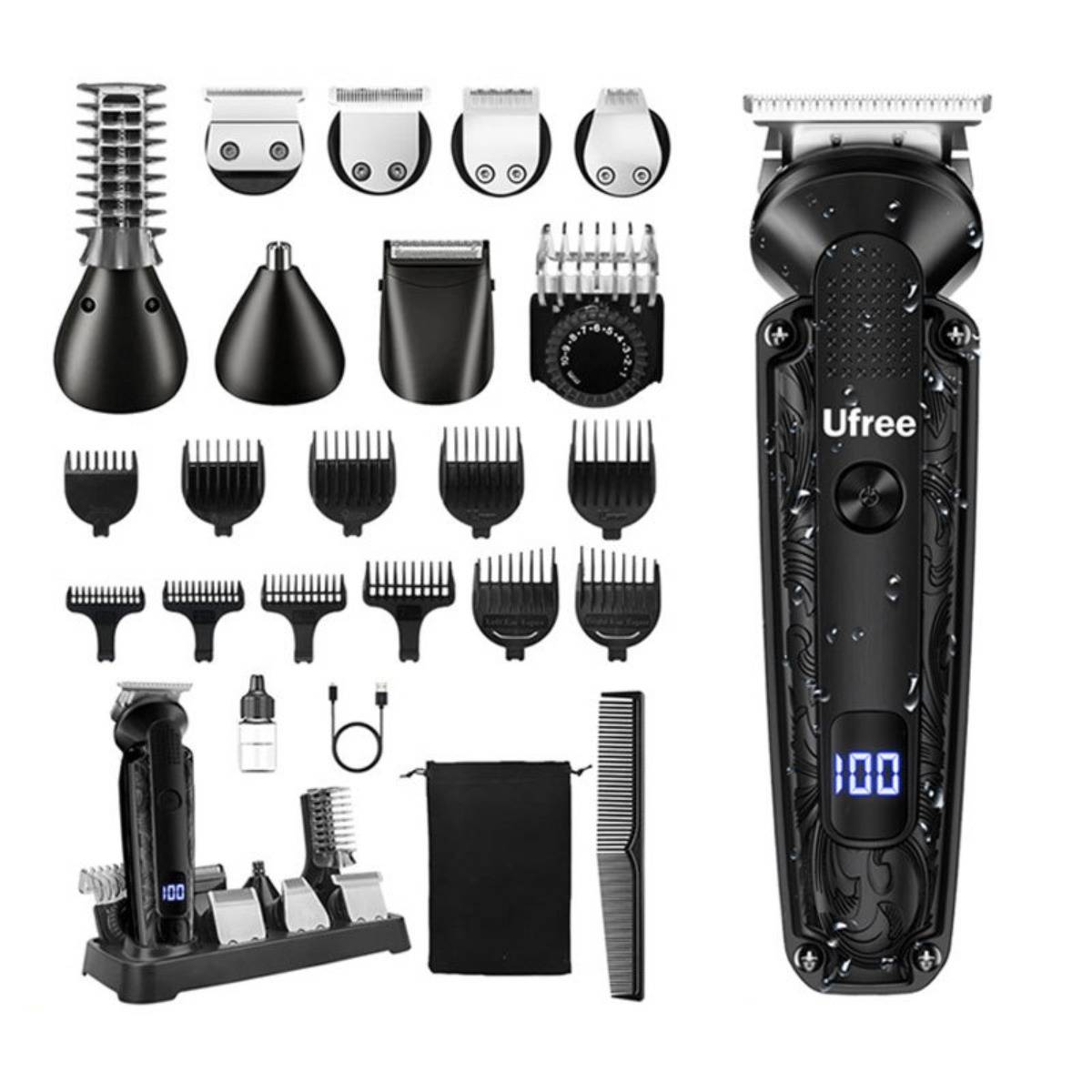 Produktfoto eines Ufree elektrischen Haarschneidemaschinen-Sets mit Trimmer, mehreren Führungskämmen, Aufsätzen, Ladeständer, Öl, Reinigungsbürste und Aufbewahrungstasche auf weißem Hintergrund.