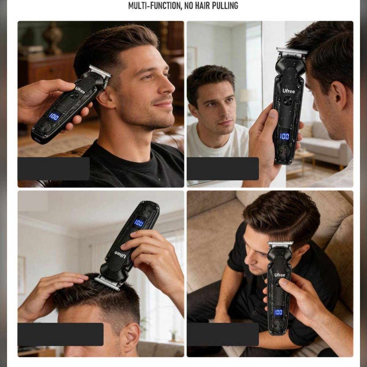 Collage zeigt einen kabellosen Haarschneider für verschiedene Herrenfrisuren mit digitalem Display und Text „MULTIFUNKTION, KEIN HAARZIEHEN