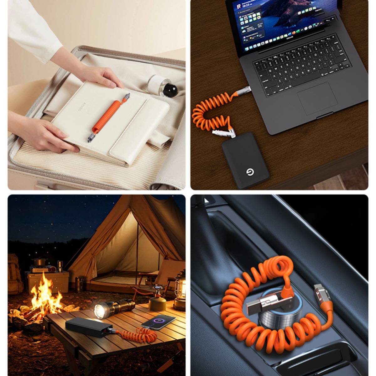 Collage mit einem orange aufgerollten Ladekabel, das mit Geräten in einem Koffer, auf einem Laptop, auf einem Campingplatz und in einem Auto verbunden ist und die tragbare Ladeunterstützung hervorhebt.