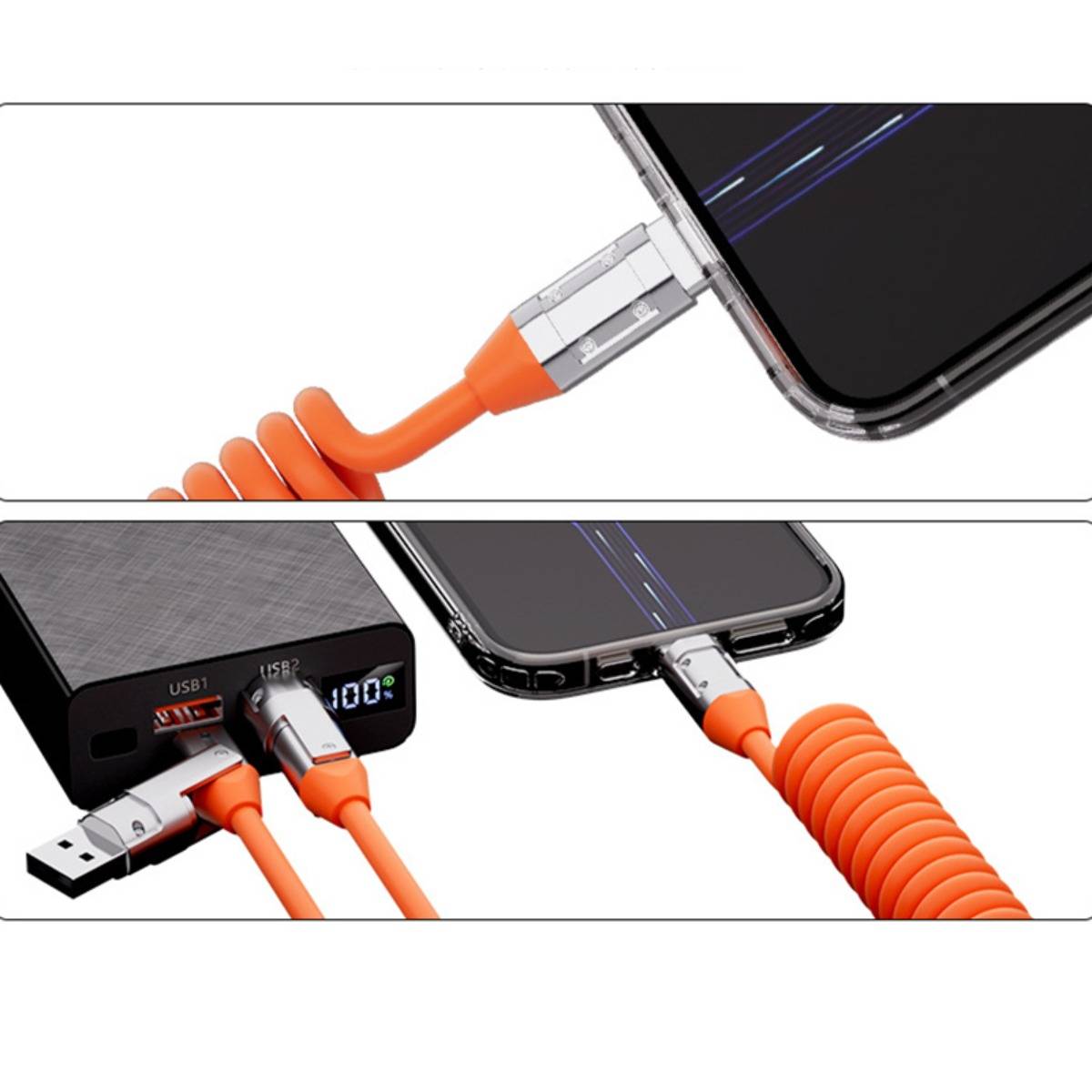 Telefon und Powerbank verbunden durch orangefarbene USB-Ladekabel, zeigt ein Smartphone, das von einem tragbaren Akku mit mehreren Anschlüssen aufgeladen wird.