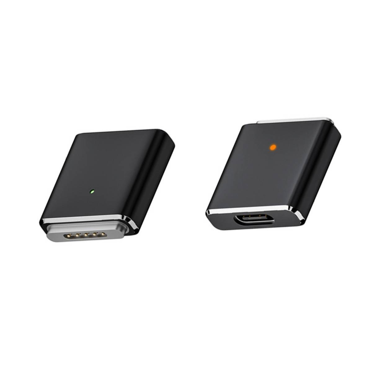 Zwei schwarze rechteckige elektronische Geräte auf weißem Hintergrund, eines mit grüner Anzeige und freiliegenden Kontakten, das andere mit oranger Anzeige und USB-C-Anschluss.