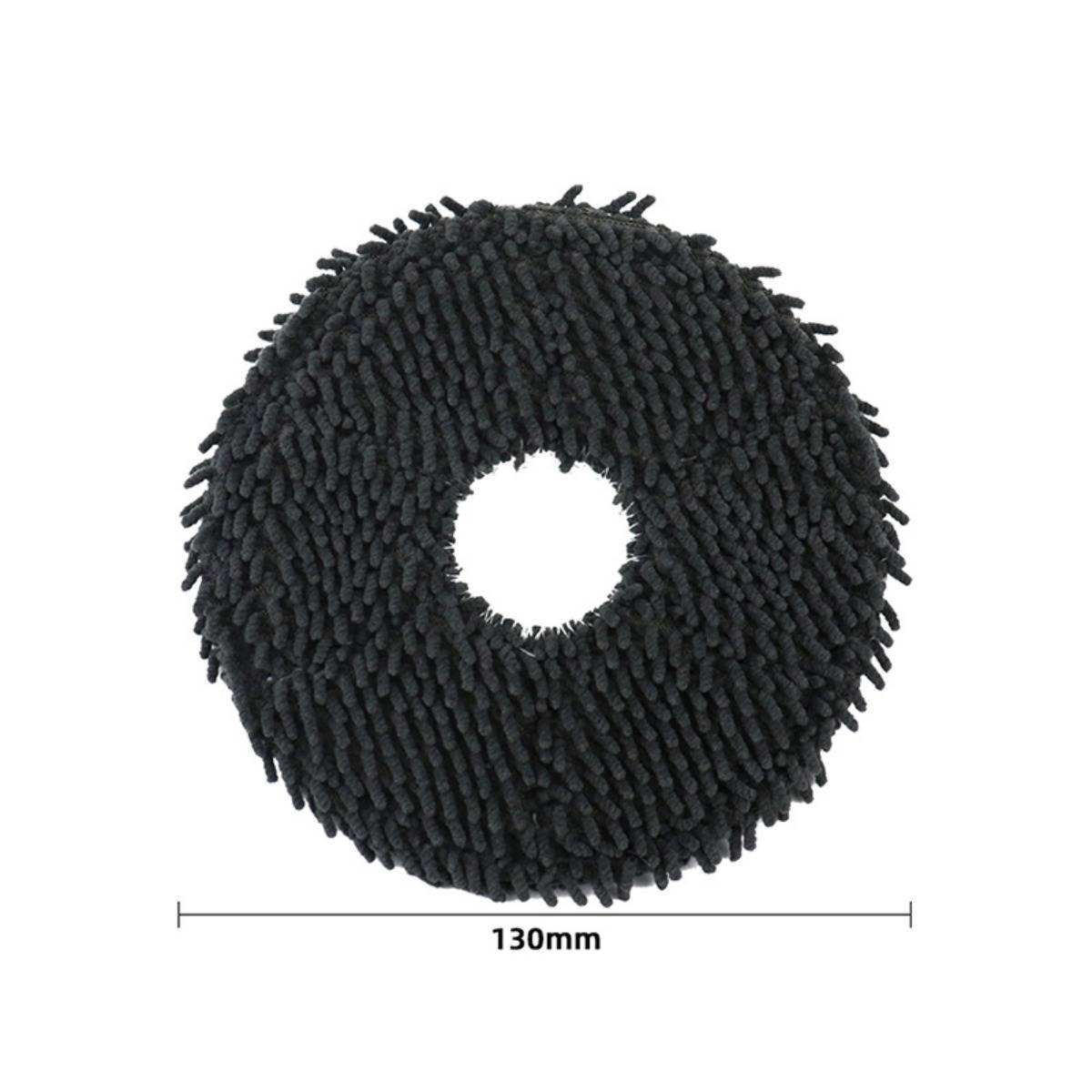 Schwarzes kreisförmiges Mikrofaser-Pad mit einem Mittelloch, gekennzeichnet mit 130 mm Breite auf weißem Hintergrund.