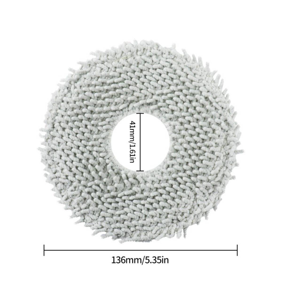 Rundes graues Mikrofaser-Reinigungstuch mit zentraler Öffnung; beschriftet mit 136 mm (5,35 Zoll) Breite und 41 mm (1,61 Zoll) innere Öffnung.