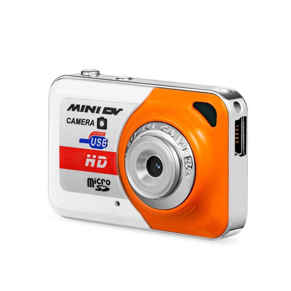 Kleine weiß-orange Mini-Digitalkamera mit silbernem Objektiv, mit den Beschriftungen „MINI DV