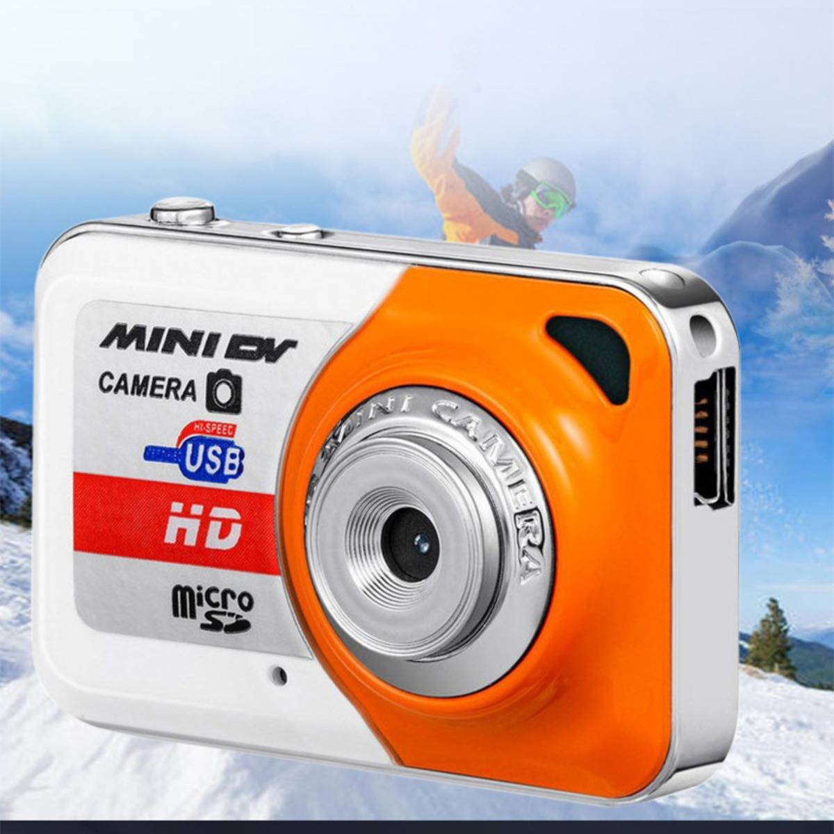 Digitale Mini-DV-Kamera in Weiß und Orange, beschriftet mit „USB