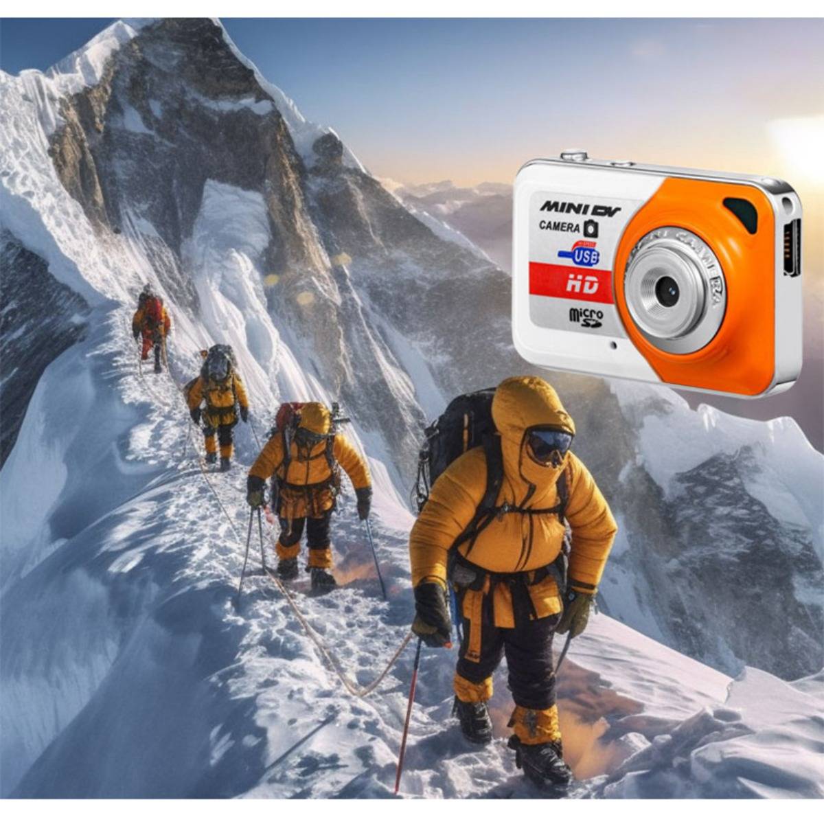 Vier Kletterer in orangefarbener Ausrüstung durchqueren einen verschneiten Bergkamm, wobei eine MiniDV-Actionkamera oben rechts zu sehen ist.