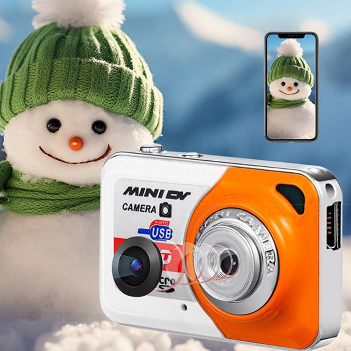 Ein Schneemann in einer grünen Strickmütze wird neben einer MiniX-Kamera gezeigt, mit einem Telefonbildschirm, der dieselbe Aufnahme in der Vorschau anzeigt.