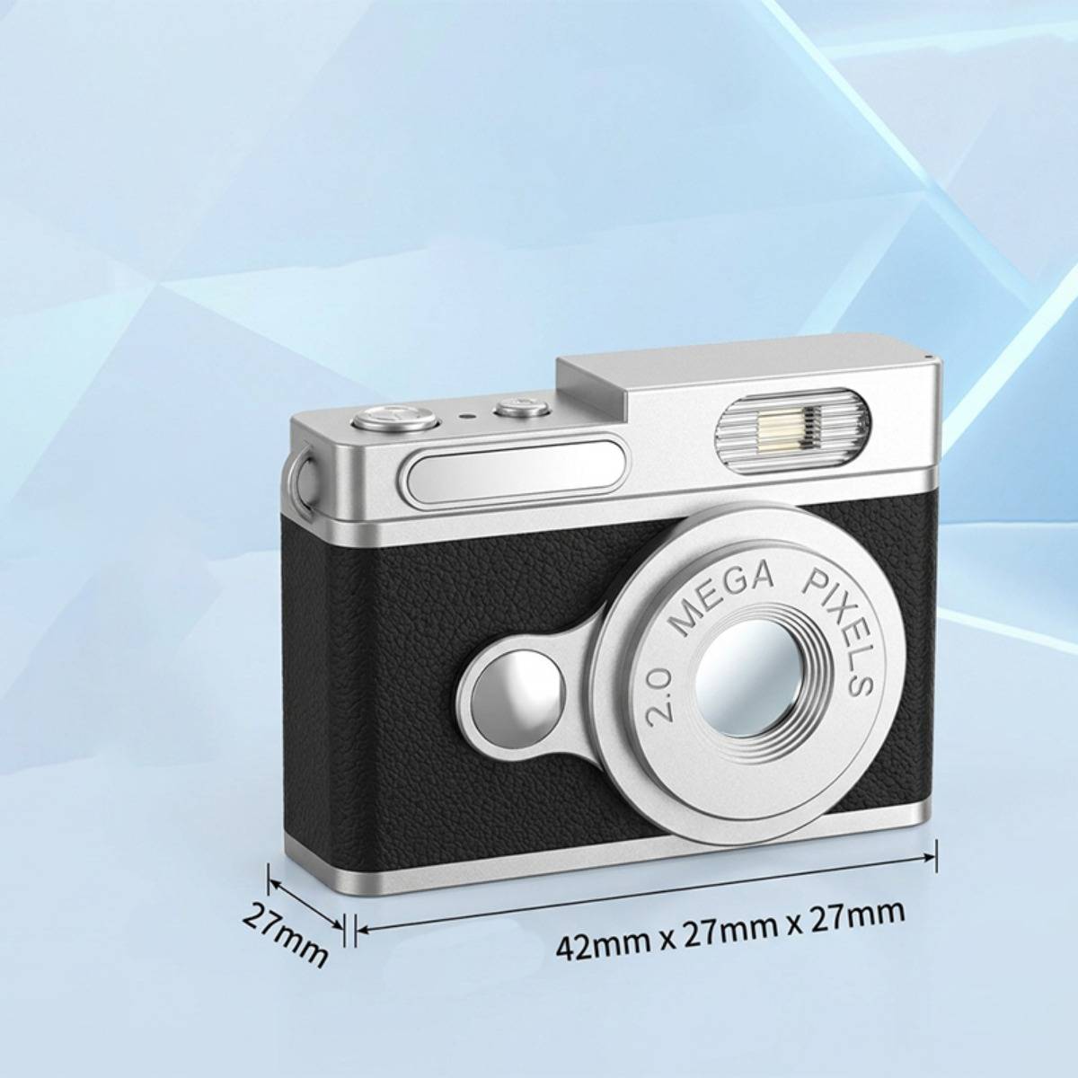Kompakte Retro-Stil-Kamera in Perspektivdarstellung mit beschrifteten Abmessungen 