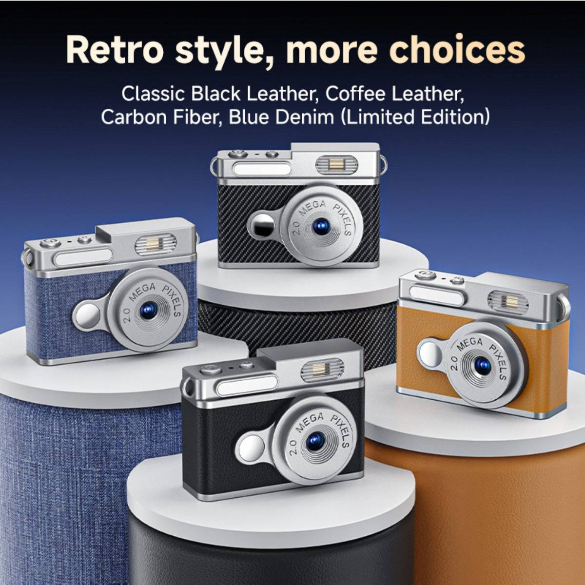 Werbebild von vier Digitalkameras im Retro-Stil auf Sockeln, gekennzeichnet mit „Retro-Stil, mehr Möglichkeiten